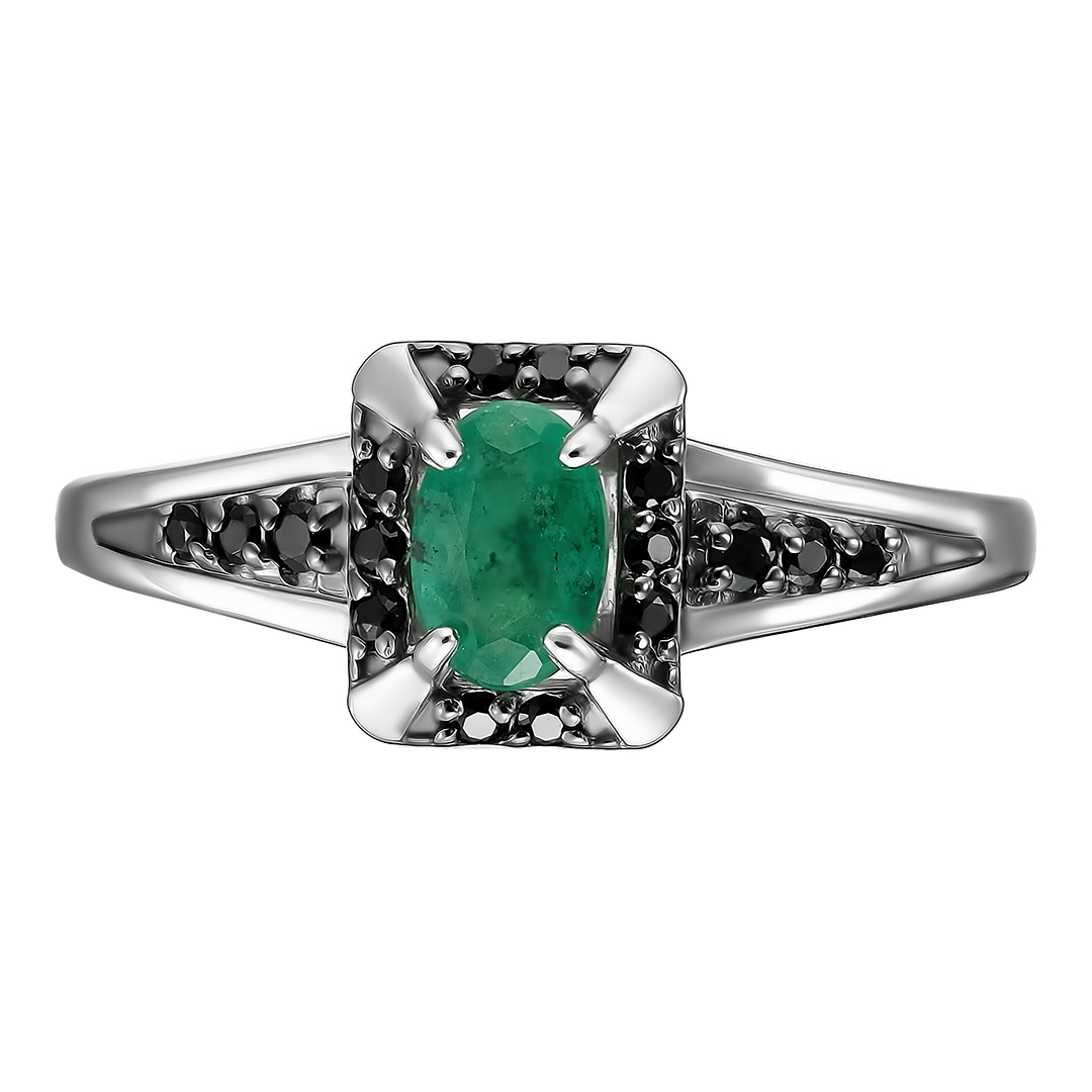 Серебряное кольцо 925 пробы; с чернением; вставки 1 Изумруд 0,442 3/3; 16 Шпинель черн.;