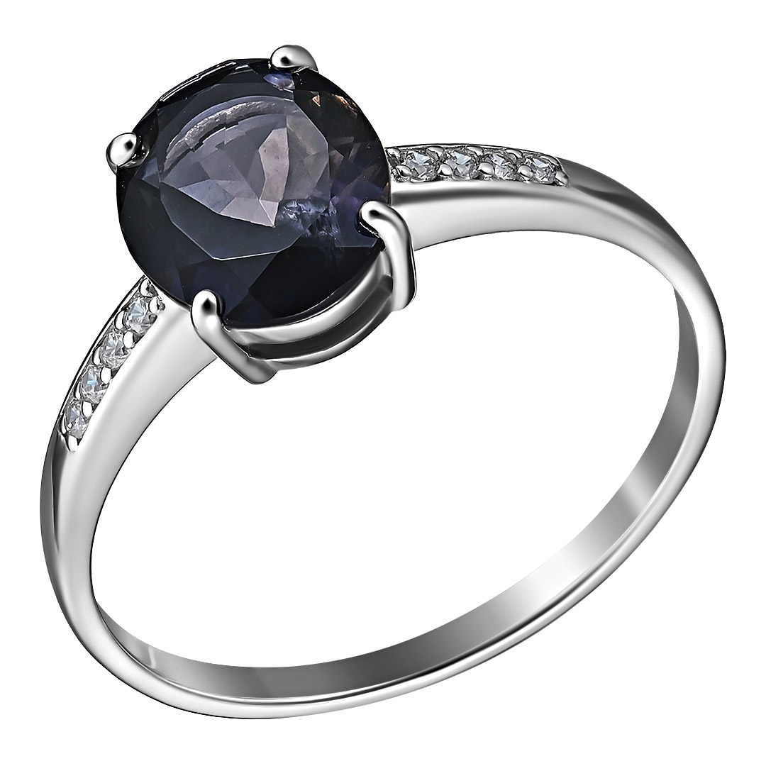 Серебряное кольцо 925 пробы; вставки 1 Иолит; 8 Фианит бесцв.;