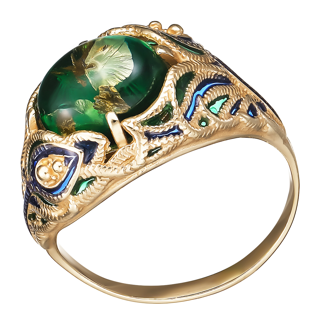 Серебряное кольцо 925 пробы; вставки 1 Янтарь; Эмаль (зел., син.);