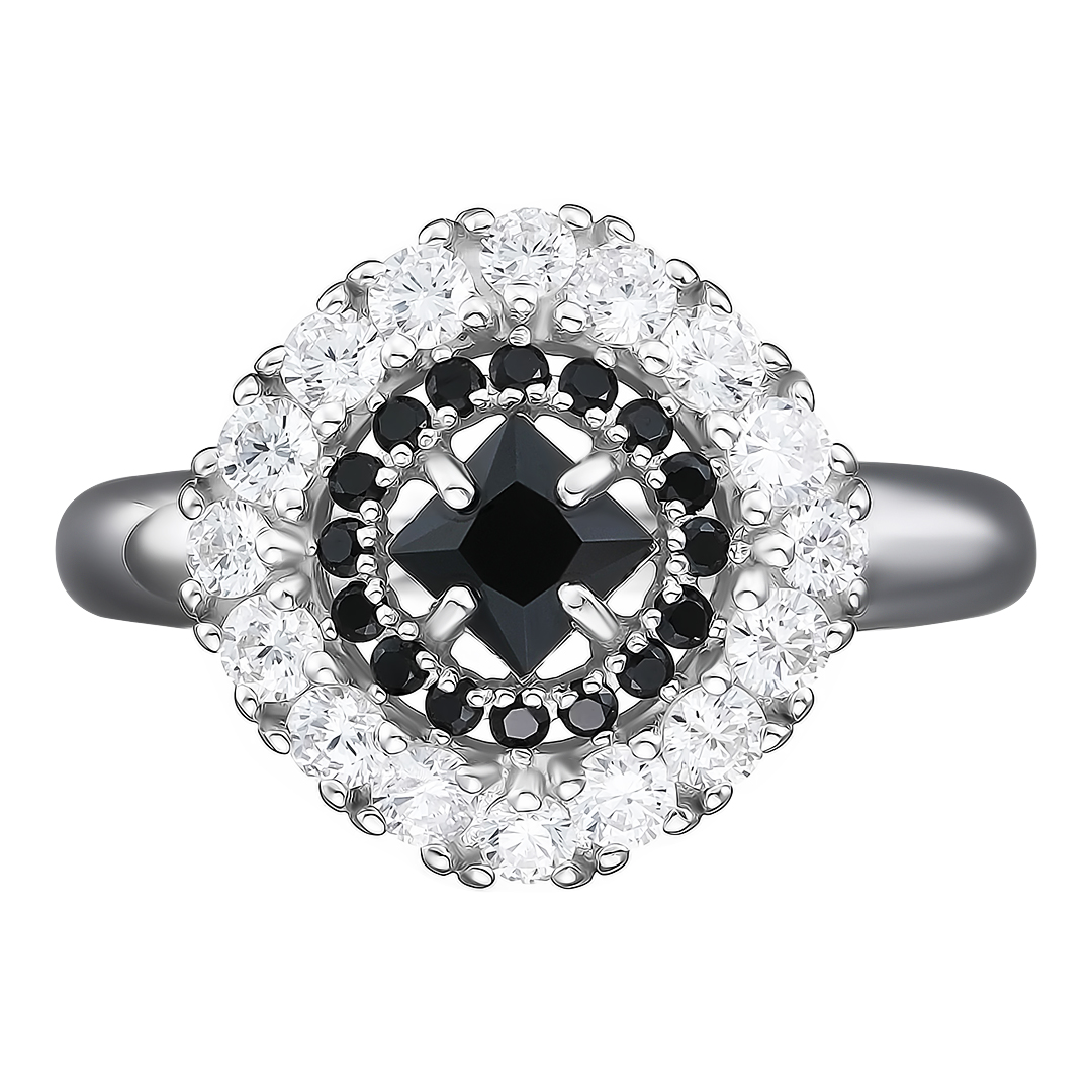 Серебряное кольцо 925 пробы; вставки 1 Шпинель черн.; 16 Фианит бесцв.; 16 Фианит черн.;