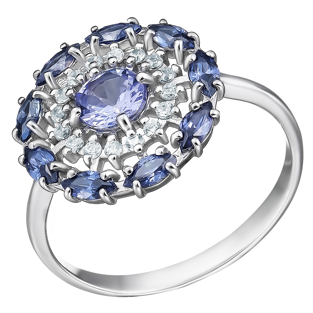 Серебряное кольцо 925 пробы; вставки 1 Танзанит; 9 Фианит фиолет.; 16 Фианит бесцв.;