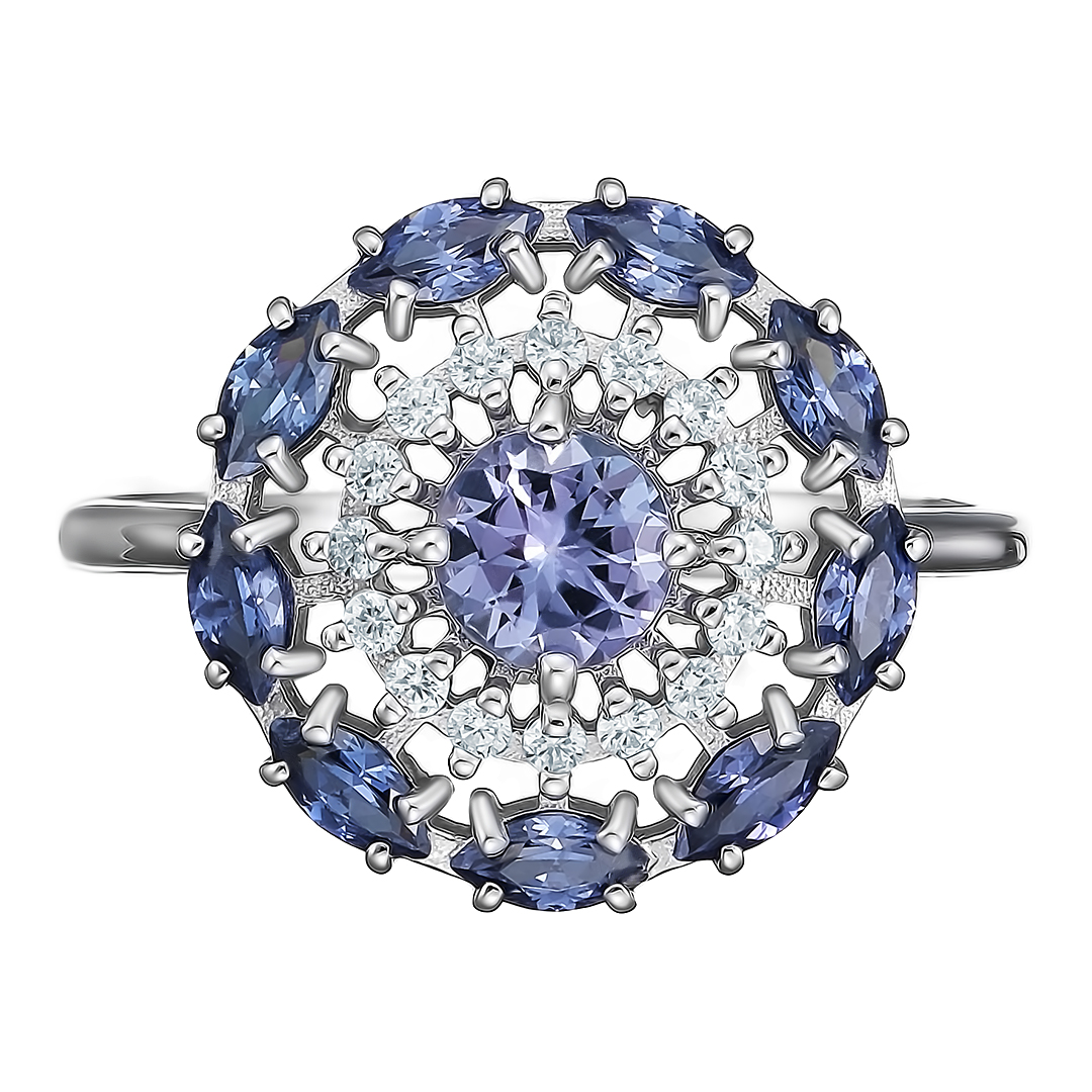 Серебряное кольцо 925 пробы; вставки 1 Танзанит; 9 Фианит фиолет.; 16 Фианит бесцв.;