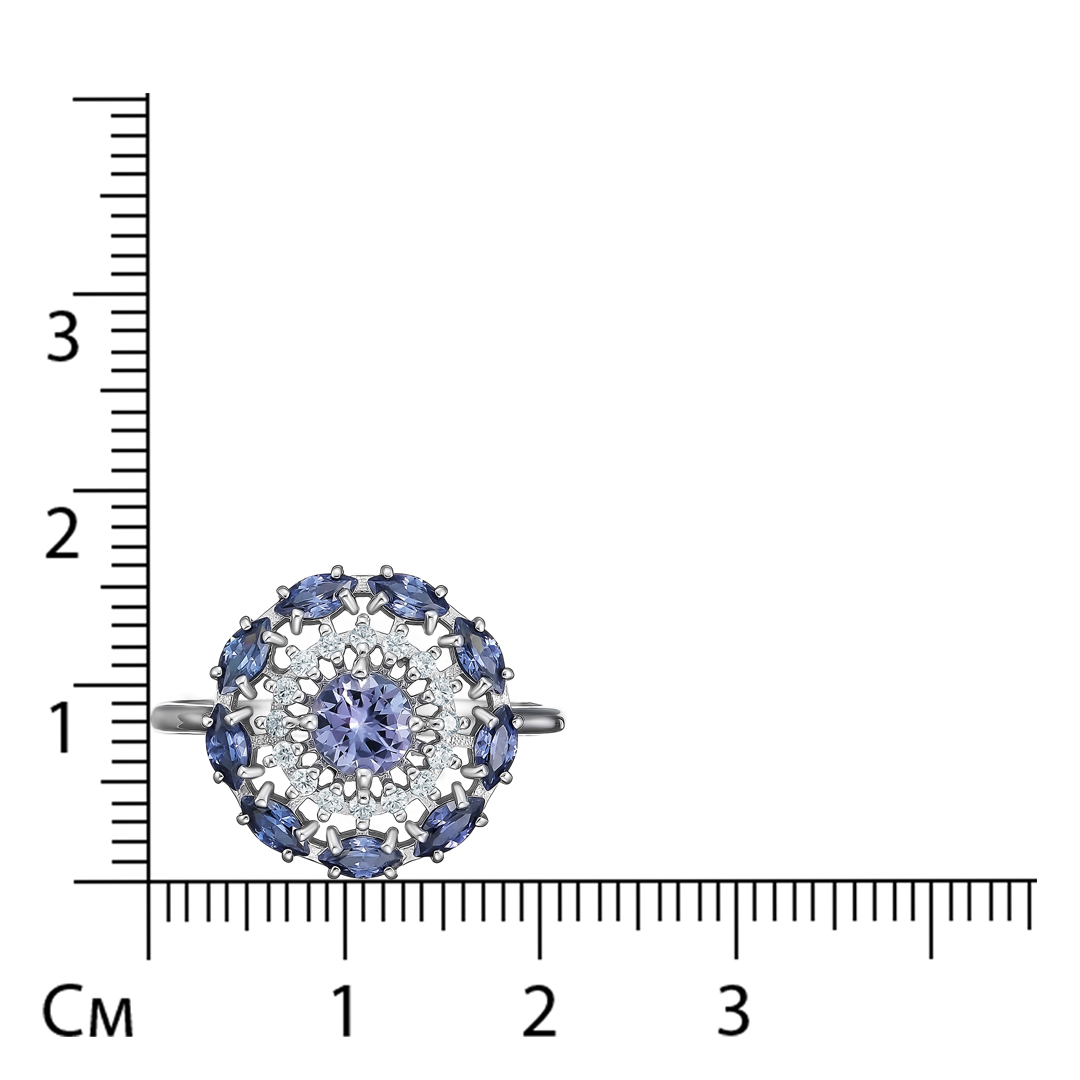 Серебряное кольцо 925 пробы; вставки 1 Танзанит; 9 Фианит фиолет.; 16 Фианит бесцв.;