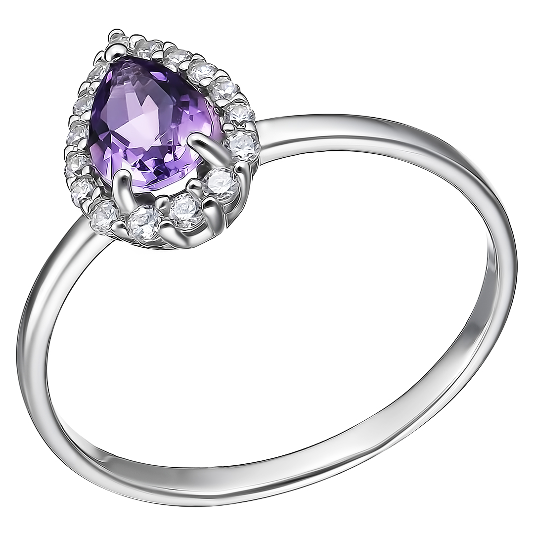 Серебряное кольцо 925 пробы; вставки 1 Аметист; 16 Фианит бесцв.;
