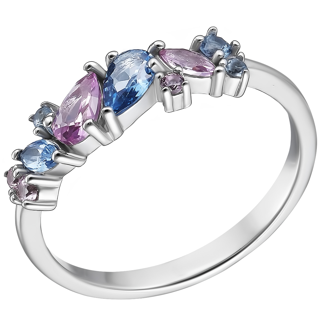 Серебряное кольцо 925 пробы; вставки 5 Фианит фиолет.; 5 Фианит голубой;