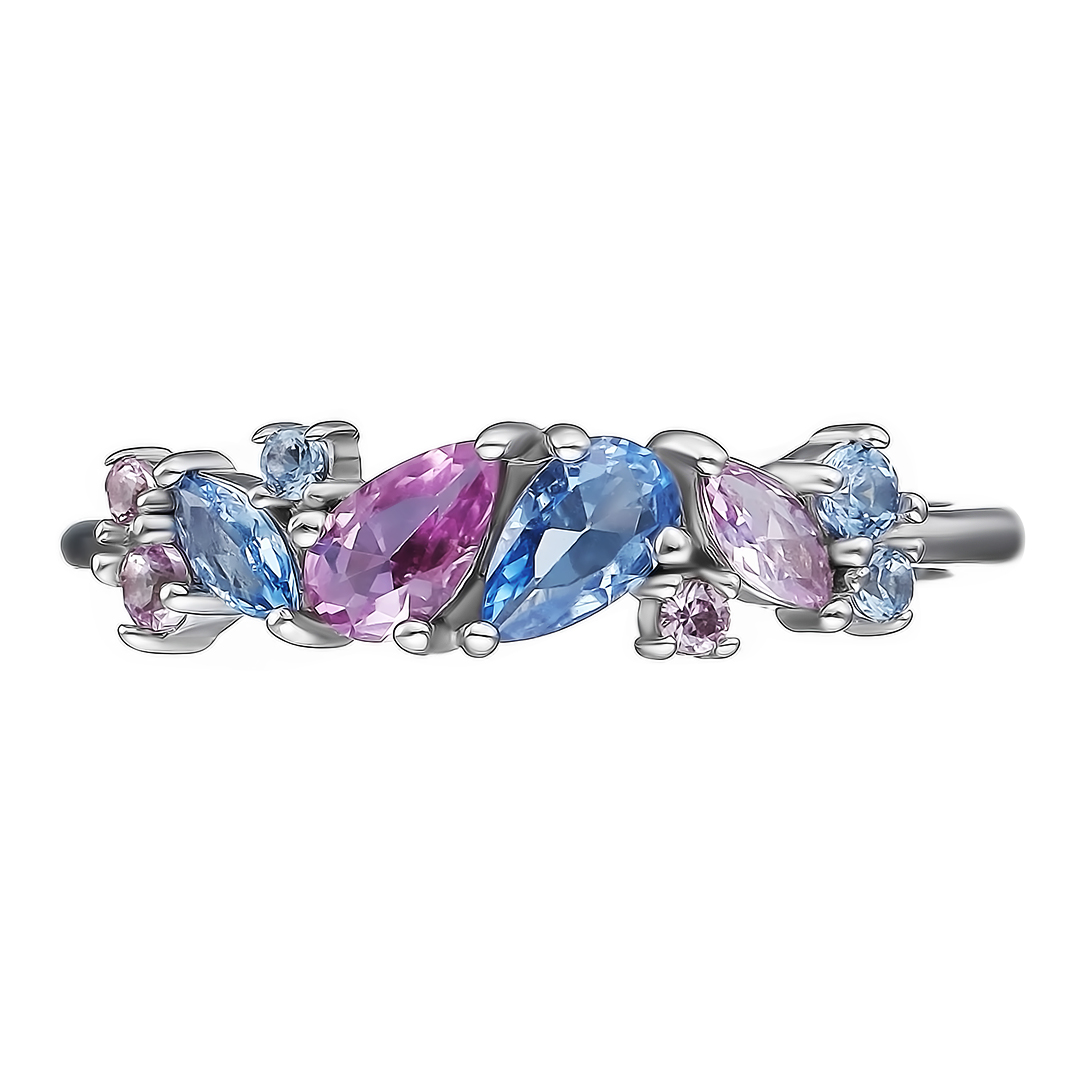 Серебряное кольцо 925 пробы; вставки 5 Фианит фиолет.; 5 Фианит голубой;