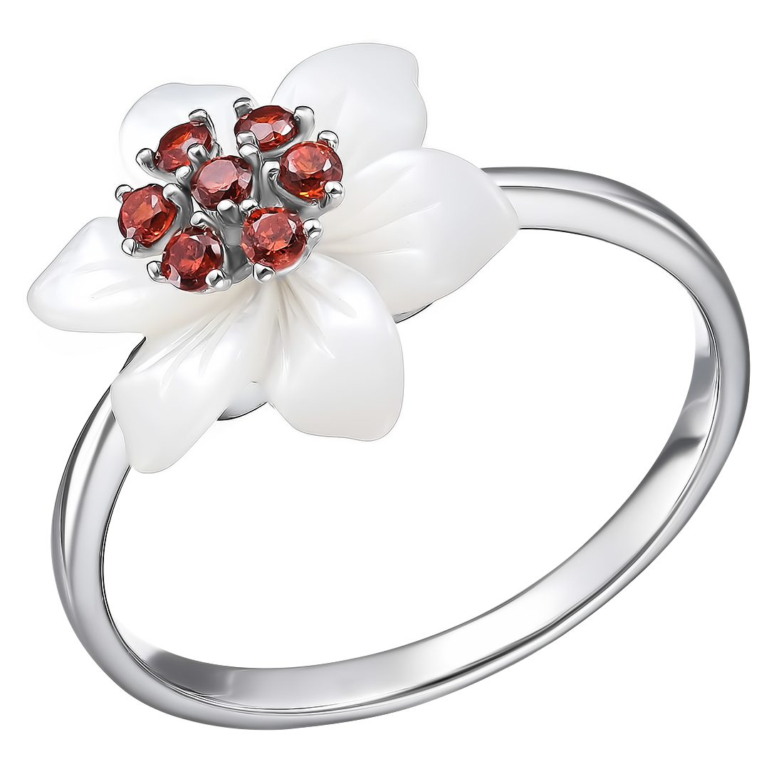 Серебряное кольцо 925 пробы; вставки 1 Перламутр белый; 7 Фианит оранж.;