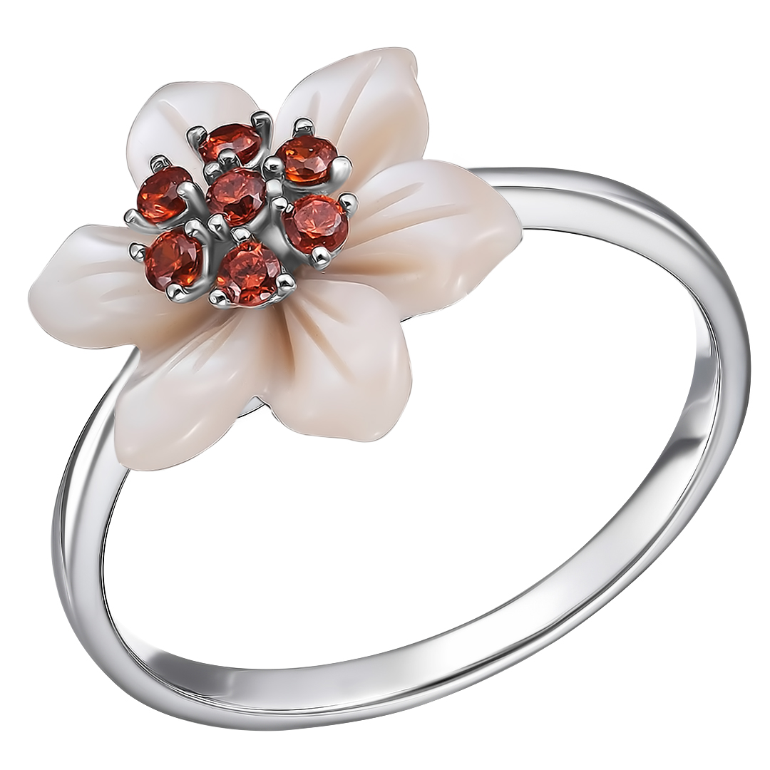 Серебряное кольцо 925 пробы; вставки 1 Перламутр розовый; 7 Фианит оранж.;