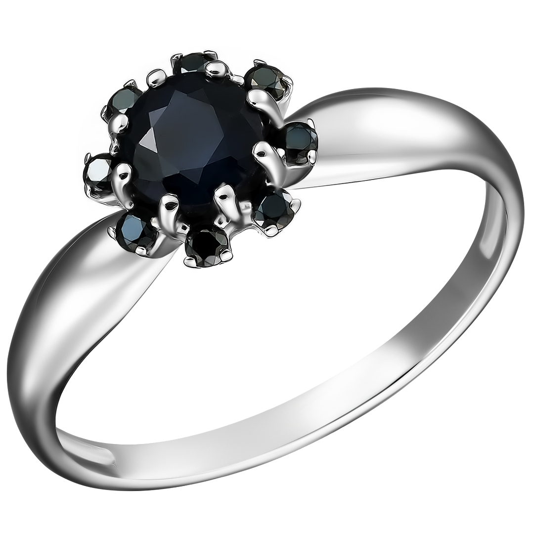 Серебряное кольцо 925 пробы; вставки 1 Сапфир U/2 0,668; 8 Шпинель черн.;