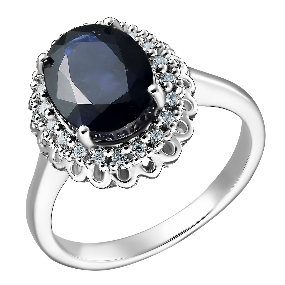 Серебряное кольцо 925 пробы; вставки 1 Сапфир U/2 3,55 ct; 20 Куб. Цирконий 0,4 ct;