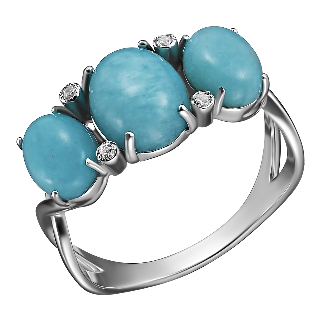 Серебряное кольцо 925 пробы; вставки 3 Амазонит; 4 Фианит бесцв.;