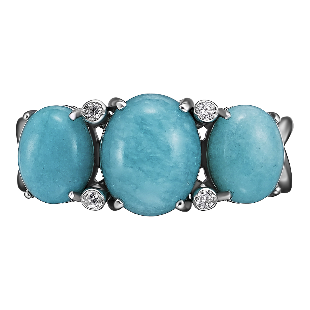 Серебряное кольцо 925 пробы; вставки 3 Амазонит; 4 Фианит бесцв.;