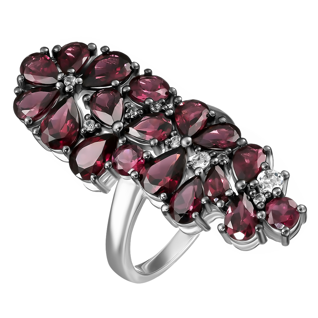 Серебряное кольцо 925 пробы; родий (бел., черн.); вставки 18 Родолит 8,82ct; 9 Топаз белый 0.344ct;