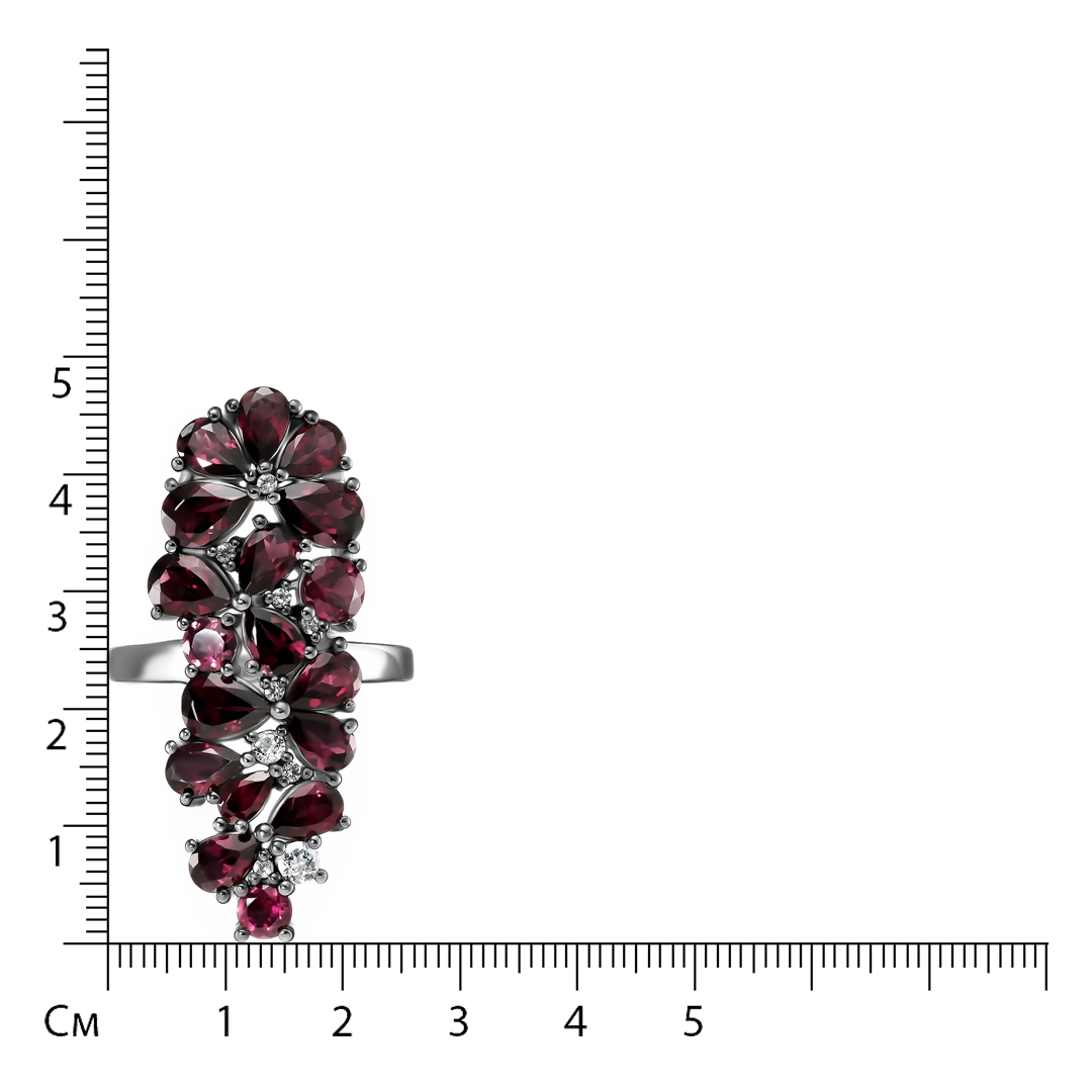 Серебряное кольцо 925 пробы; родий (бел., черн.); вставки 18 Родолит 8,82ct; 9 Топаз белый 0.344ct;