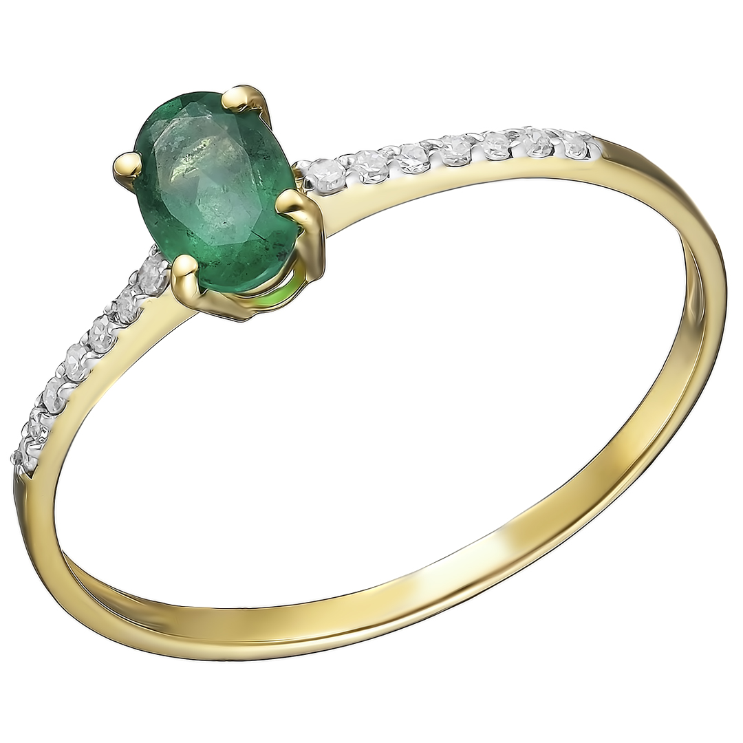 Золотое кольцо 585 пробы; желтое золото; родий; вставки 1 Изумруд (F) 4/3 0,416; 14 Бр.Кр-17 2/3А 0,