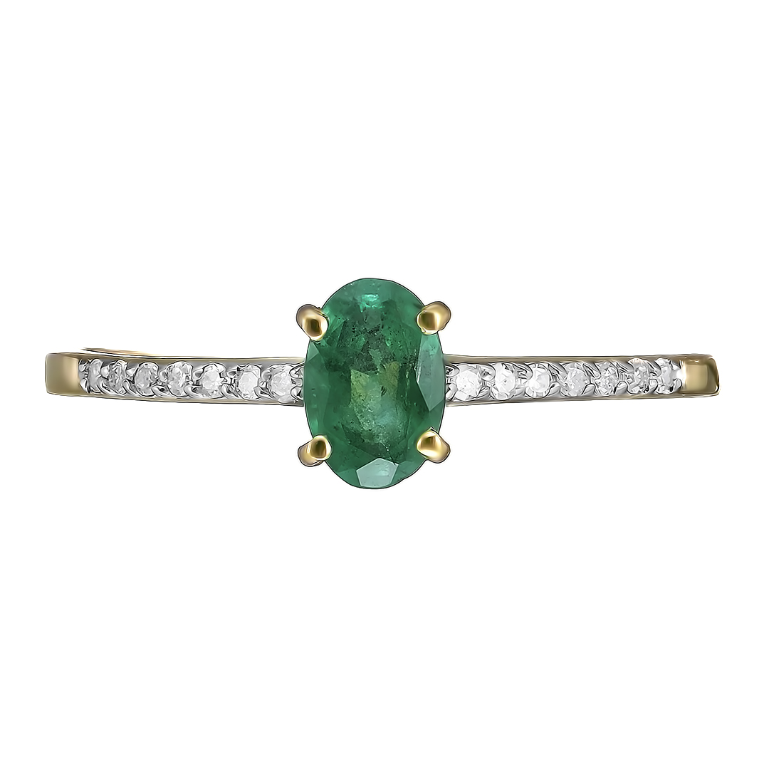 Золотое кольцо 585 пробы; желтое золото; родий; вставки 1 Изумруд (F) 4/3 0,416; 14 Бр.Кр-17 2/3А 0,