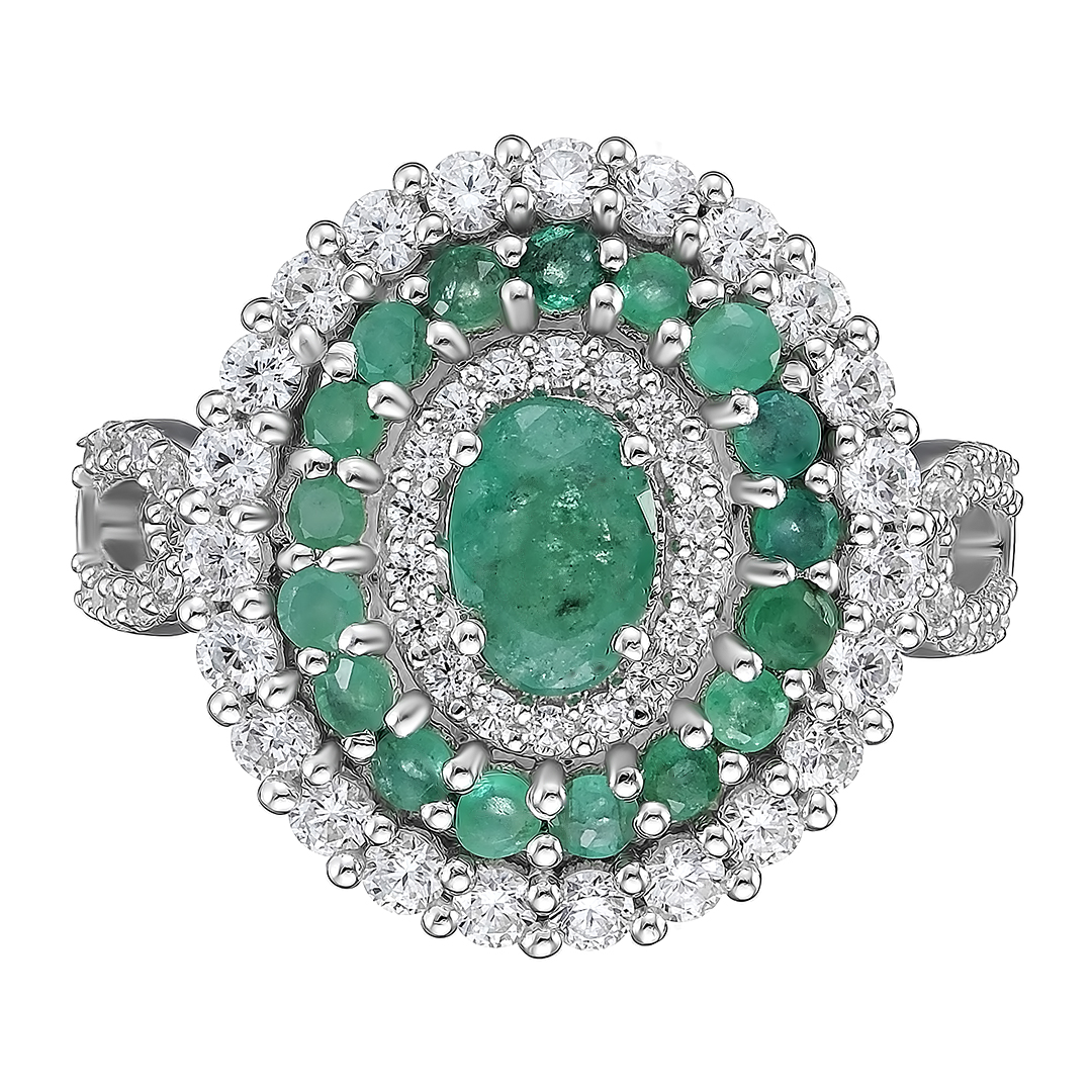 Серебряное кольцо 925 пробы; вставки 18 Изумруд (F) 4/Г3 1,16ct; Россыпь Куб. Цирконий бесцв. 2,249c