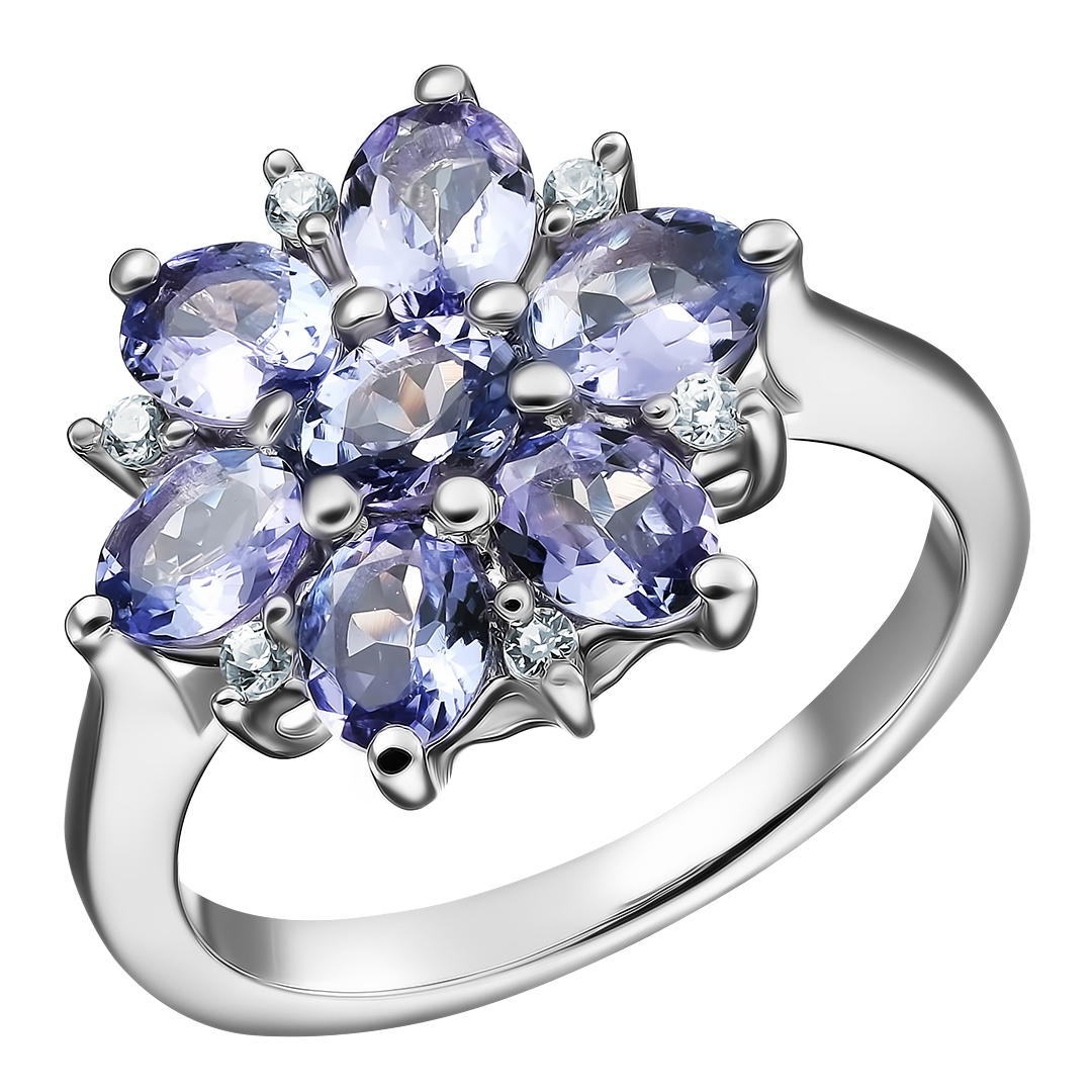 Серебряное кольцо 925 пробы; вставки 7 Танзанит 2,24ct; 6 Циркон бесцв.