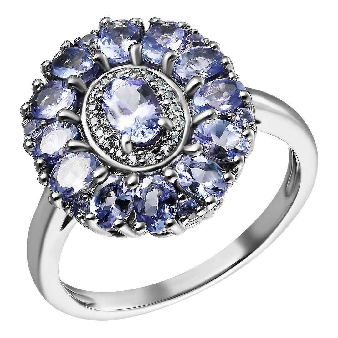 Серебряное кольцо 925 пробы; родий черный; вставки 19 Танзанит 2,6ct; 18 Топаз белый 0,09ct;
