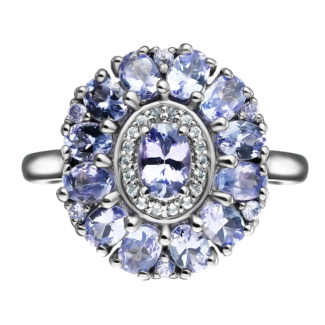 Серебряное кольцо 925 пробы; родий черный; вставки 19 Танзанит 2,6ct; 18 Топаз белый 0,09ct;