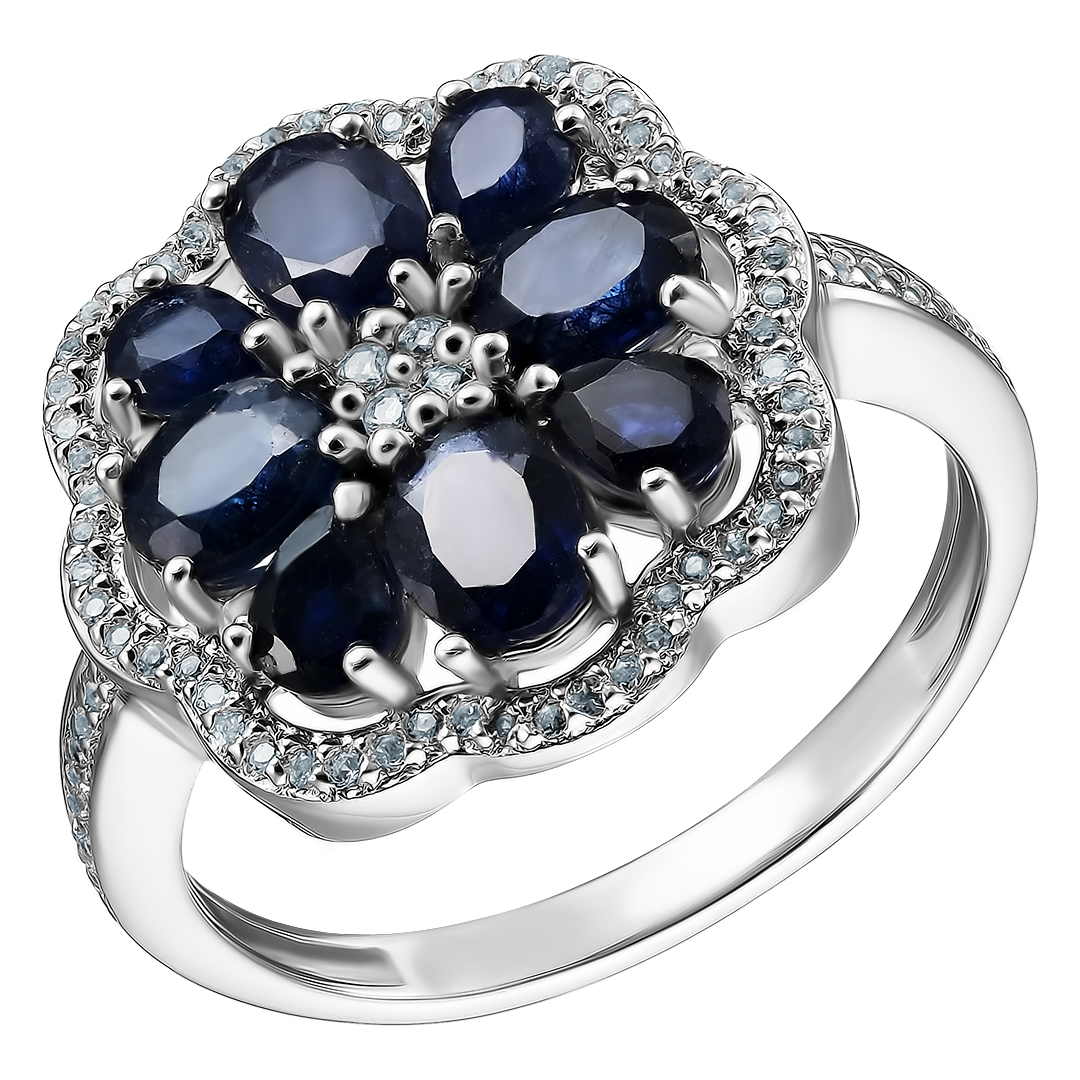 Серебряное кольцо 925 пробы; вставки 8 Сапфир U/2 2,68ct; 76 Топаз белый 0,22ct;