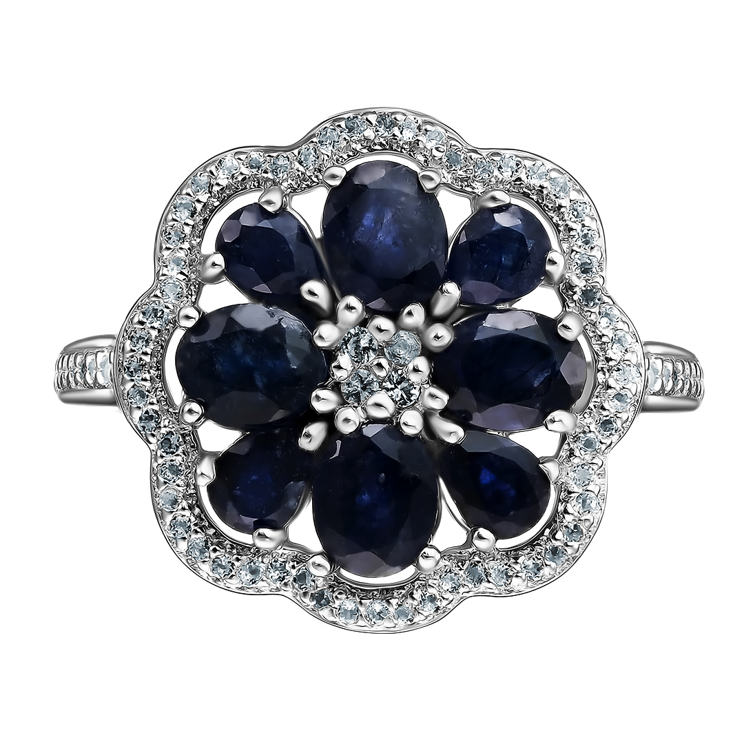 Серебряное кольцо 925 пробы; вставки 8 Сапфир U/2 2,68ct; 76 Топаз белый 0,22ct;