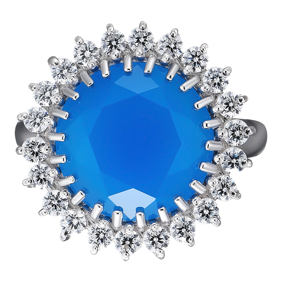 Серебряное кольцо 925 пробы; вставки 1 Халцедон; 22 Фианит бесцв.;