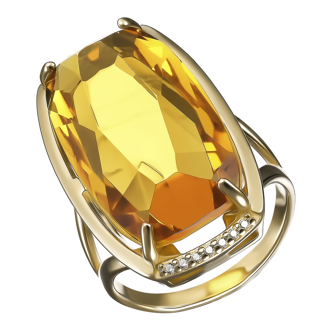 Серебряное кольцо 925 пробы; вставки 1 Цитрин; 14 Фианит бесцв.;