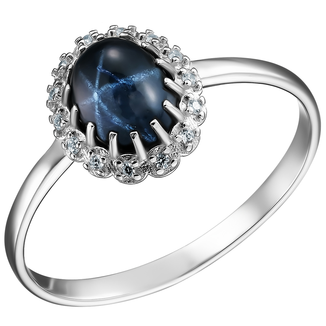 Серебряное кольцо 925 пробы; вставки 1 Сапфир 2,118 U/2; 14 Фианит бесцв.;