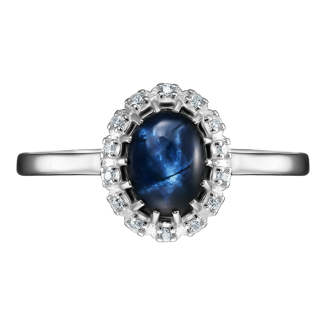 Серебряное кольцо 925 пробы; вставки 1 Сапфир 2,118 U/2; 14 Фианит бесцв.;