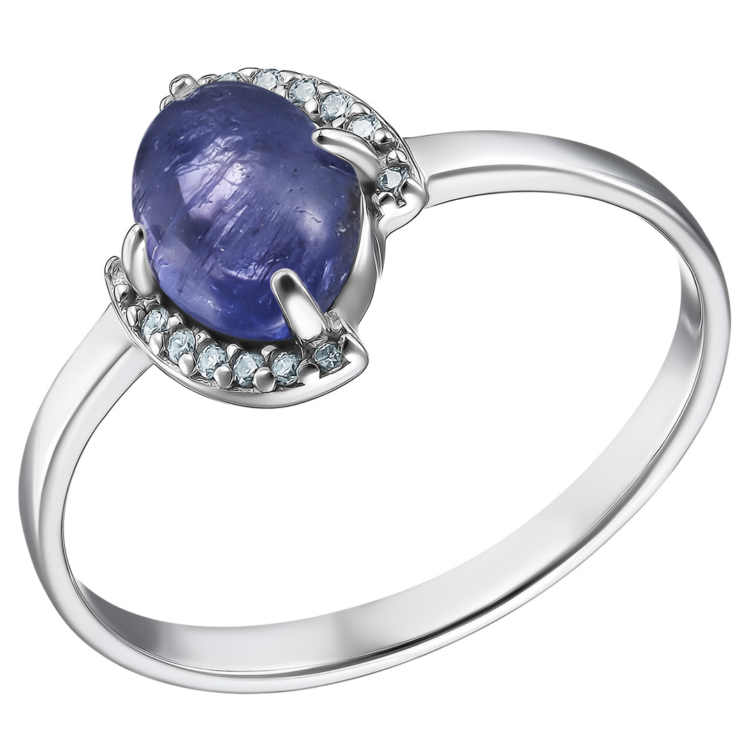Серебряное кольцо 925 пробы; вставки 1 Танзанит; 14 Фианит бесцв.;