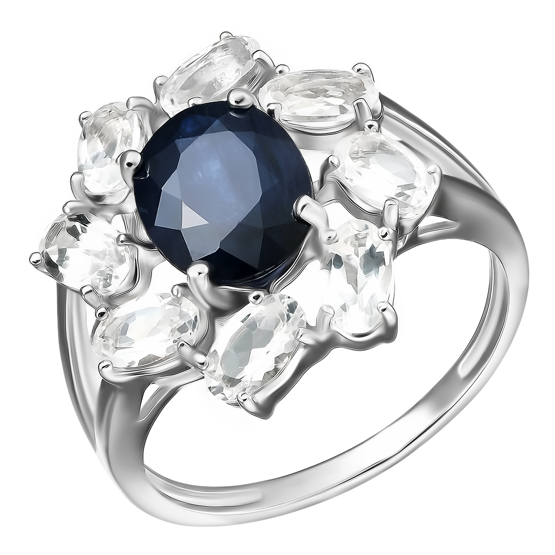 Серебряное кольцо 925 пробы; вставки 1 Сапфир 2,316 U/2; 8 Топаз белый;