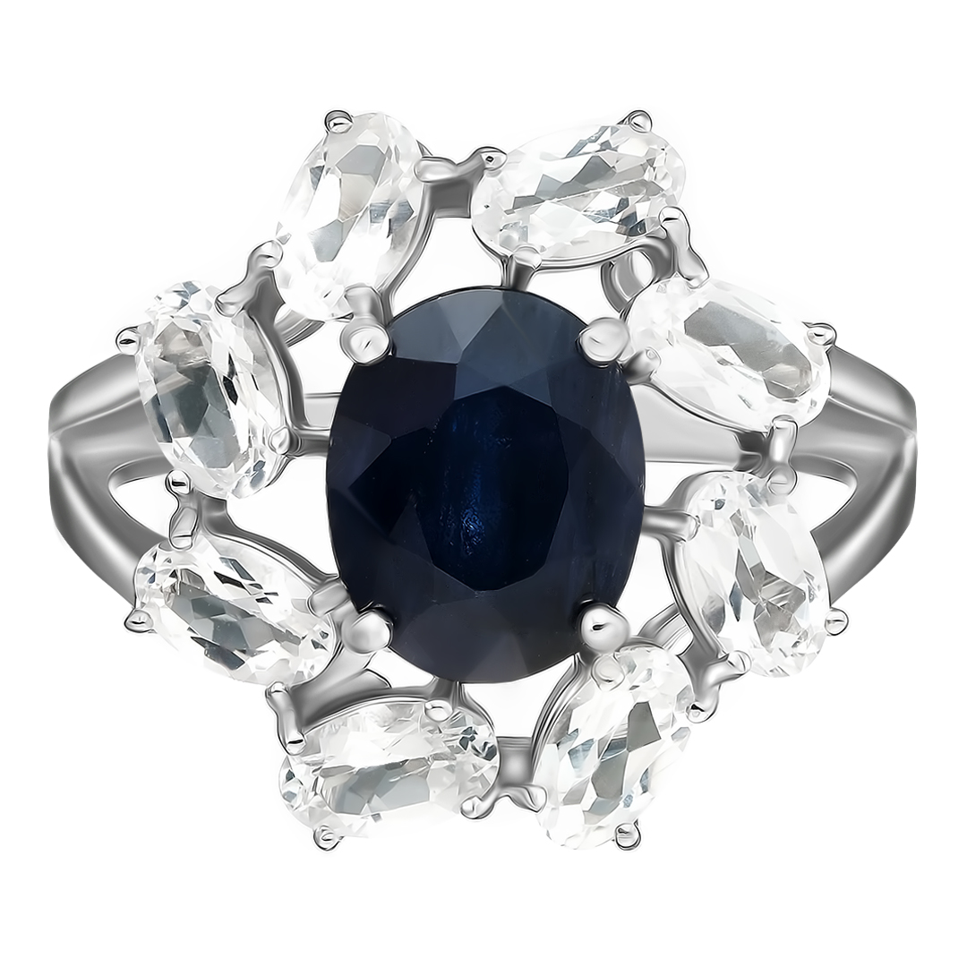 Серебряное кольцо 925 пробы; вставки 1 Сапфир 2,316 U/2; 8 Топаз белый;