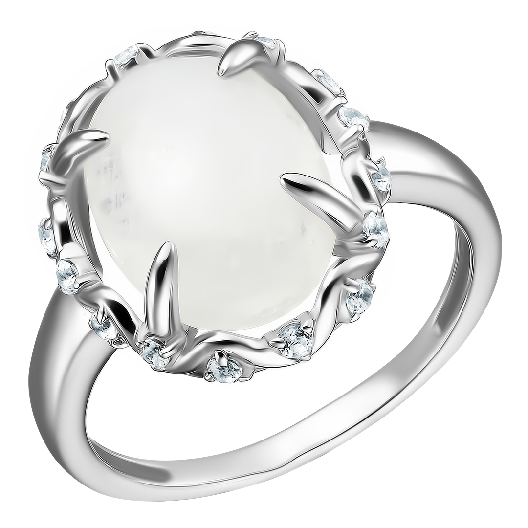 Серебряное кольцо 925 пробы; вставки 1 Лунный камень; 16 Топаз;