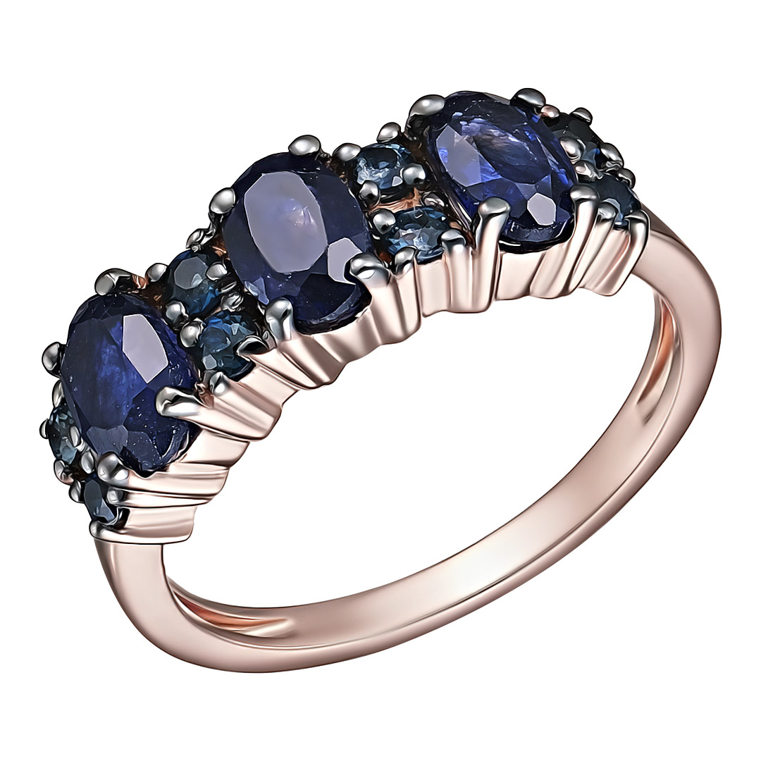 Серебряное кольцо 925 пробы; родий черный; вставки 3 Сапфир U/2 2,214ct; 8 Сапфир 3/3 0,368ct;