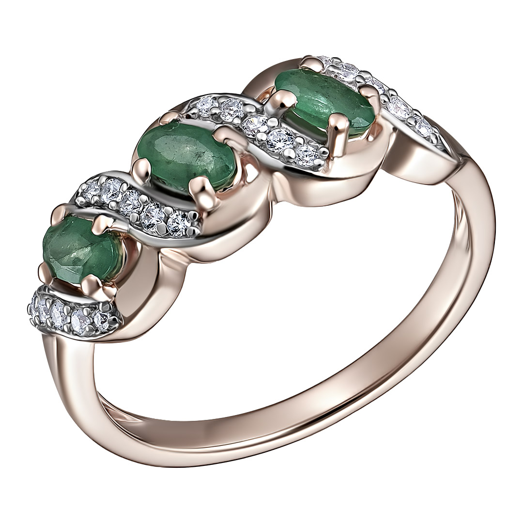 Серебряное кольцо 925 пробы; вставки 3 Изумруд (F) 3/Г3 0,6ct; 20 Куб.Цирконий бесцв. 0,28ct;