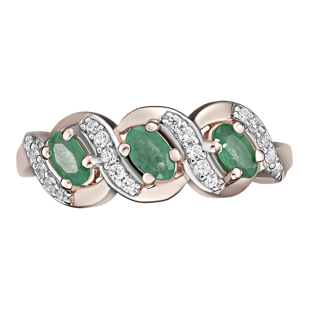 Серебряное кольцо 925 пробы; вставки 3 Изумруд (F) 3/Г3 0,6ct; 20 Куб.Цирконий бесцв. 0,28ct;