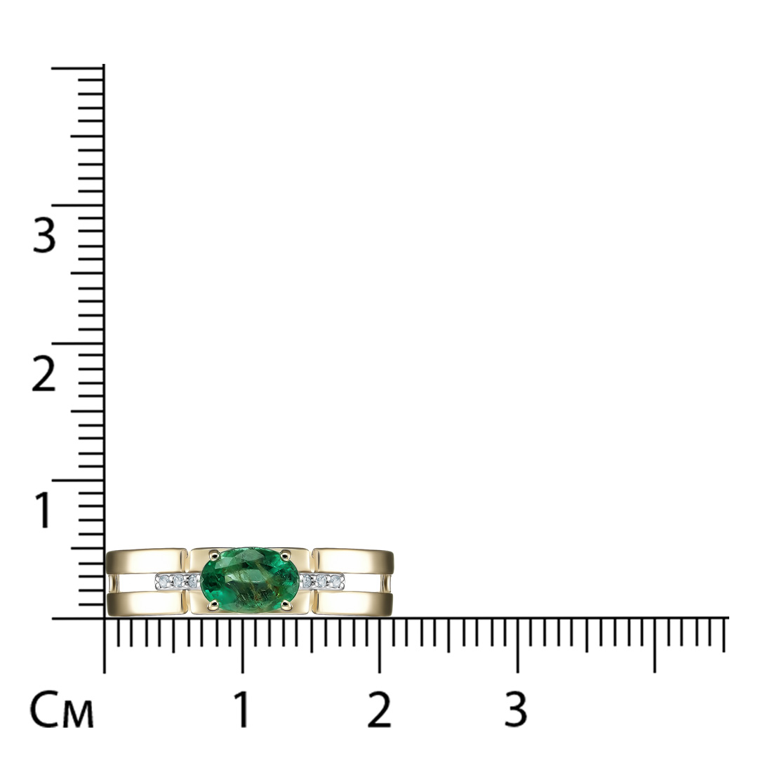 Золотое кольцо 585 пробы; желтое золото; родий; вставки 6 Бр.Кр-17 0,018 2/3А; 1 Изумруд 0,4375 5/3А