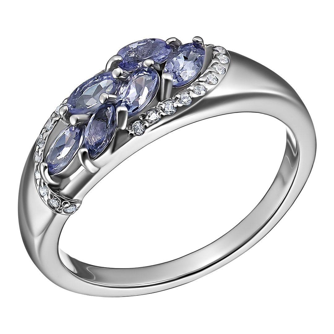 Серебряное кольцо 925 пробы; вставки 6 Танзанит; 22 Фианит бесцв.;