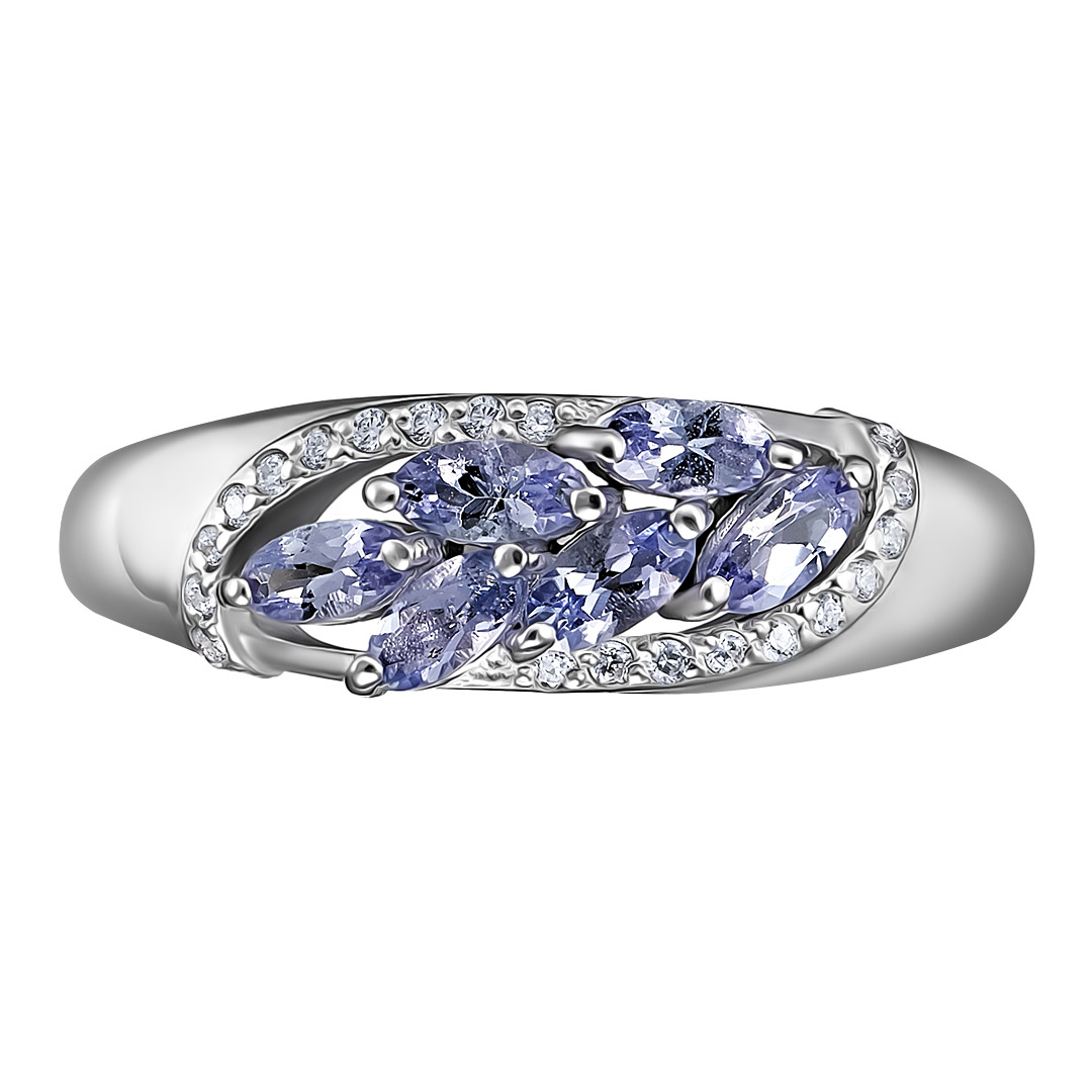 Серебряное кольцо 925 пробы; вставки 6 Танзанит; 22 Фианит бесцв.;
