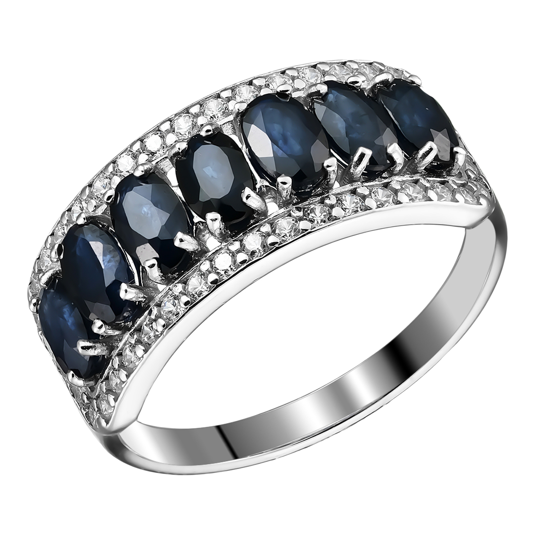 Серебряное кольцо 925 пробы; вставки 7 Сапфир U/2 2,238; 40 Фианит бесцв.;