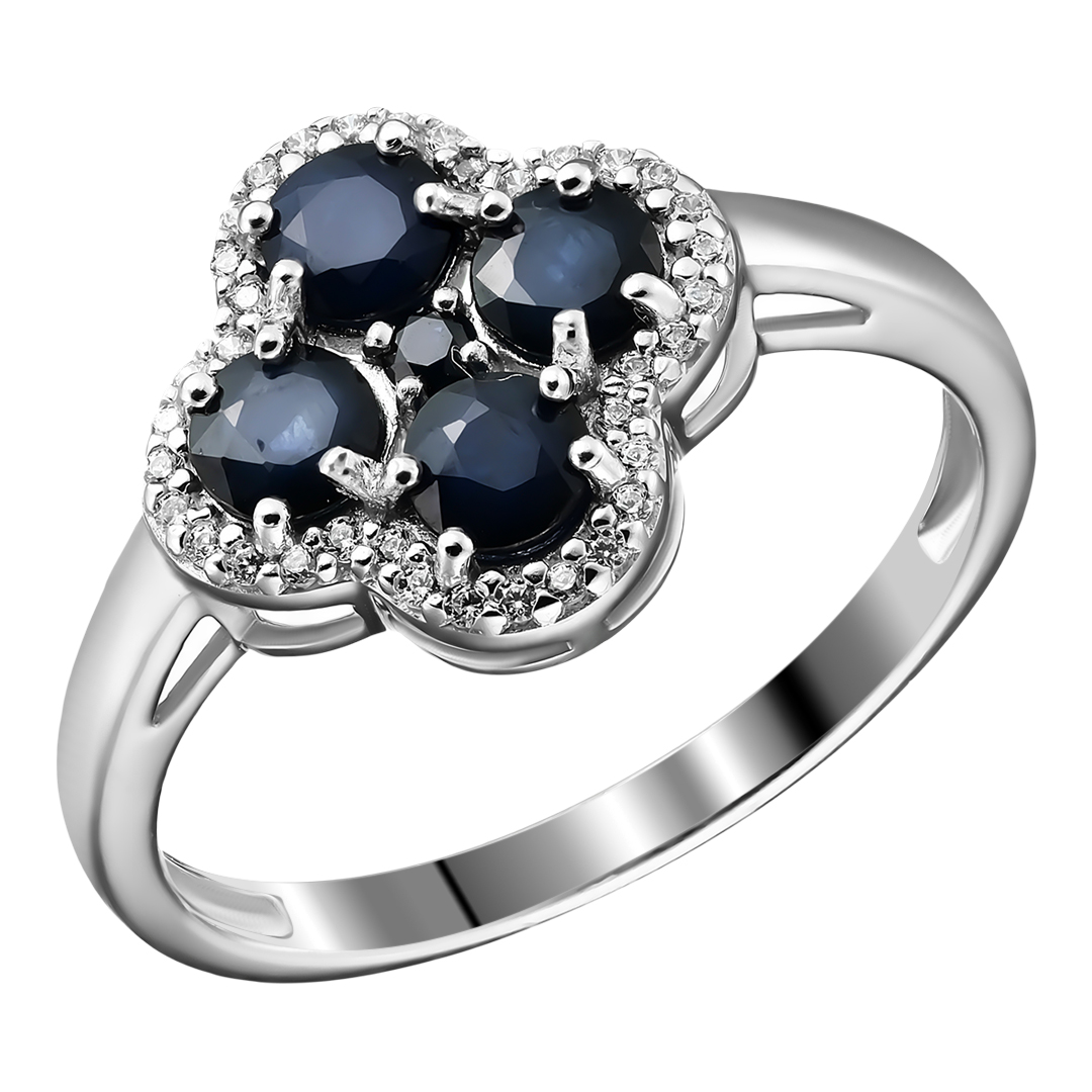 Серебряное кольцо 925 пробы; вставки 1 Сапфир 4/3 0,046; 4 Сапфир U/2 1,306; 36 Фианит бесцв.;