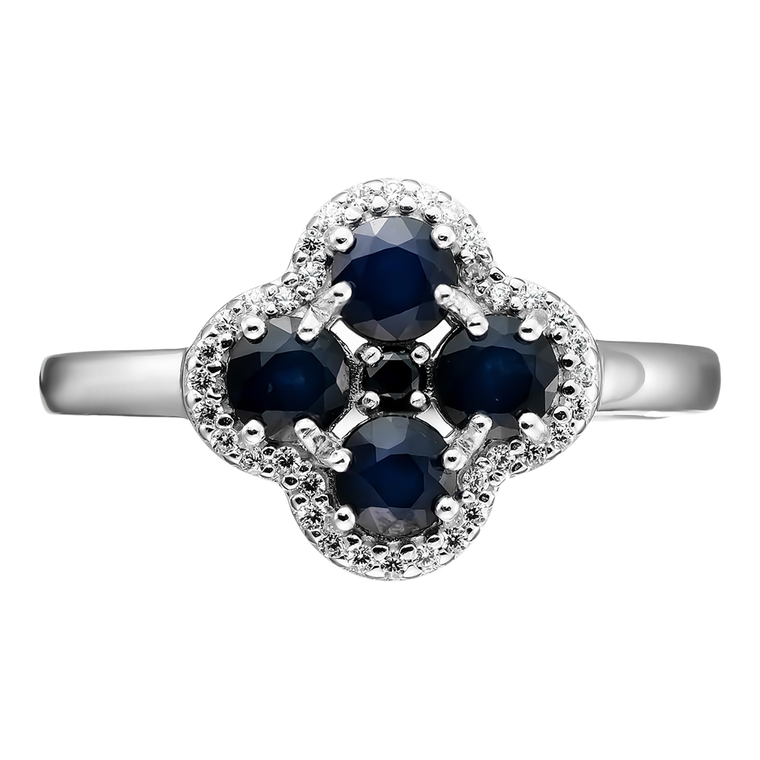 Серебряное кольцо 925 пробы; вставки 1 Сапфир 4/3 0,046; 4 Сапфир U/2 1,306; 36 Фианит бесцв.;