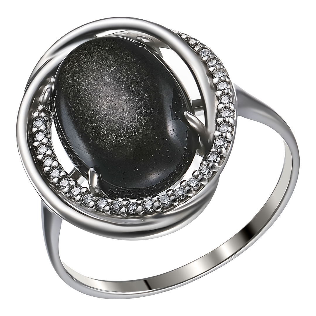 Серебряное кольцо 925 пробы; вставки 1 Обсидиан; 25 Фианит бесцв.;