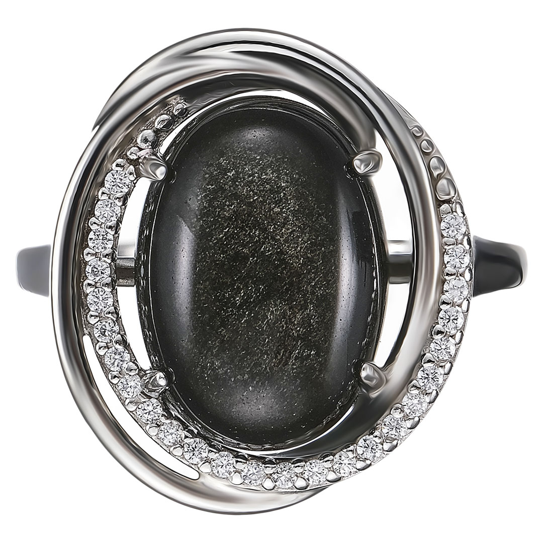 Серебряное кольцо 925 пробы; вставки 1 Обсидиан; 25 Фианит бесцв.;