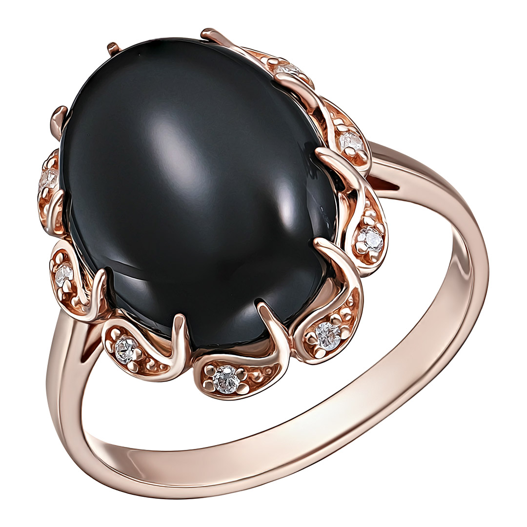 Серебряное кольцо 925 пробы; вставки 1 Агат нат. черн.; 10 Фианит бесцв.;