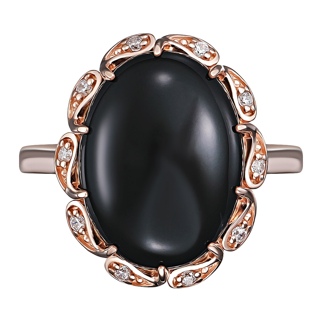 Серебряное кольцо 925 пробы; вставки 1 Агат нат. черн.; 10 Фианит бесцв.;