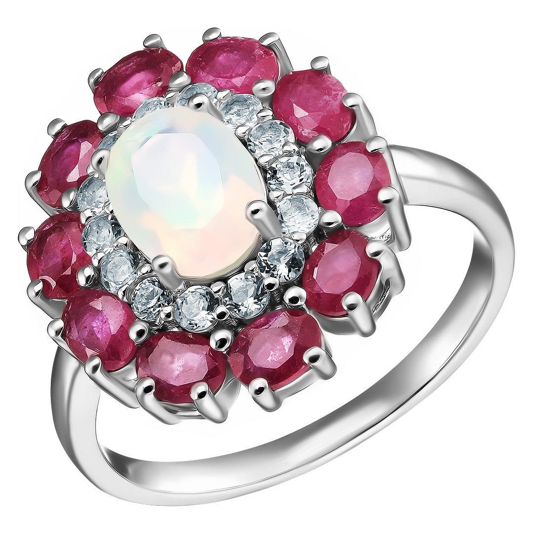 Серебряное кольцо 925 пробы; вставки 10 Рубин 2,43ct F/2; 1 Опал бел. 0,82ct; 14 Топаз бел. 0,11ct;