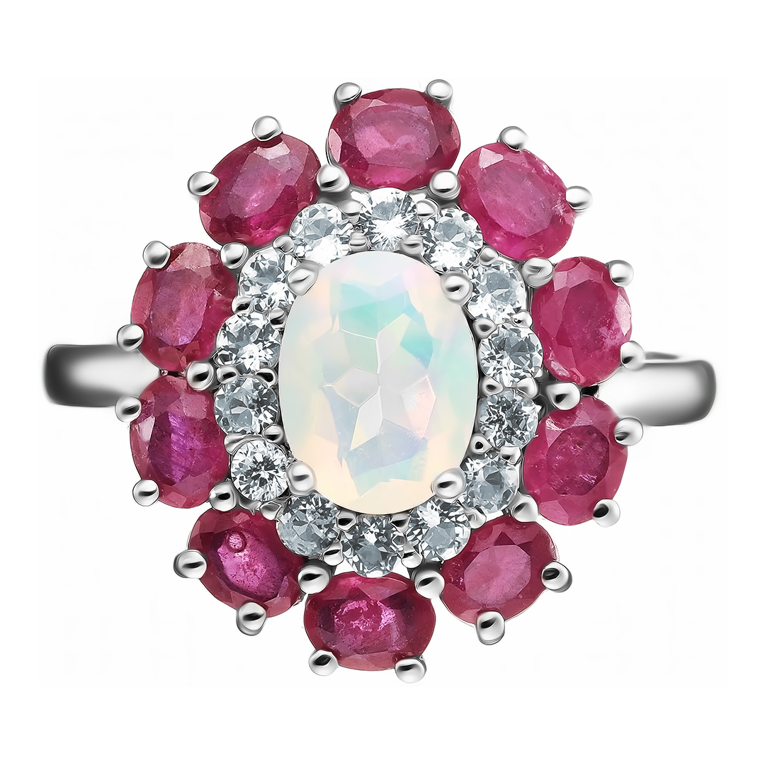Серебряное кольцо 925 пробы; вставки 10 Рубин 2,43ct F/2; 1 Опал бел. 0,82ct; 14 Топаз бел. 0,11ct;