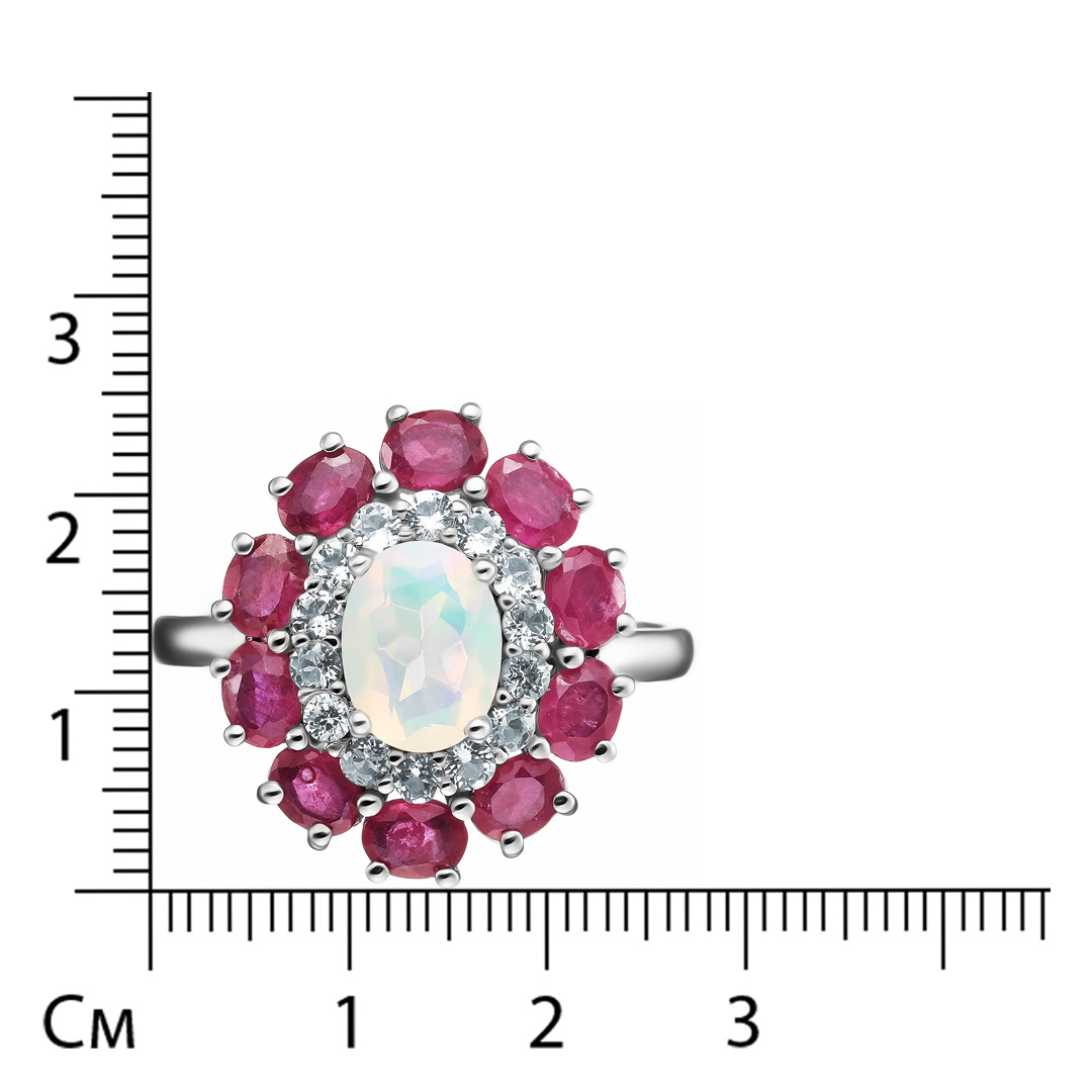 Серебряное кольцо 925 пробы; вставки 10 Рубин 2,43ct F/2; 1 Опал бел. 0,82ct; 14 Топаз бел. 0,11ct;